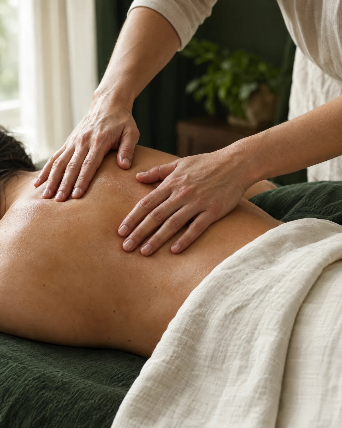 A close-up of a massage, with gentle hands and soft linen
